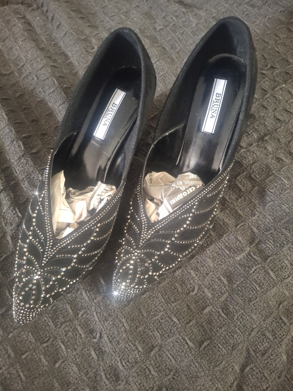 Black Pointed Toe Crystal-Stud Heels